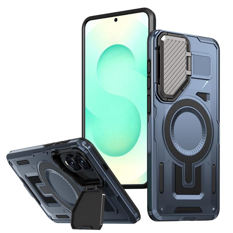 

For Samsung Galaxy S25 Edge 5G Shield Frame Holder MagSafe Phone Case(Blue)