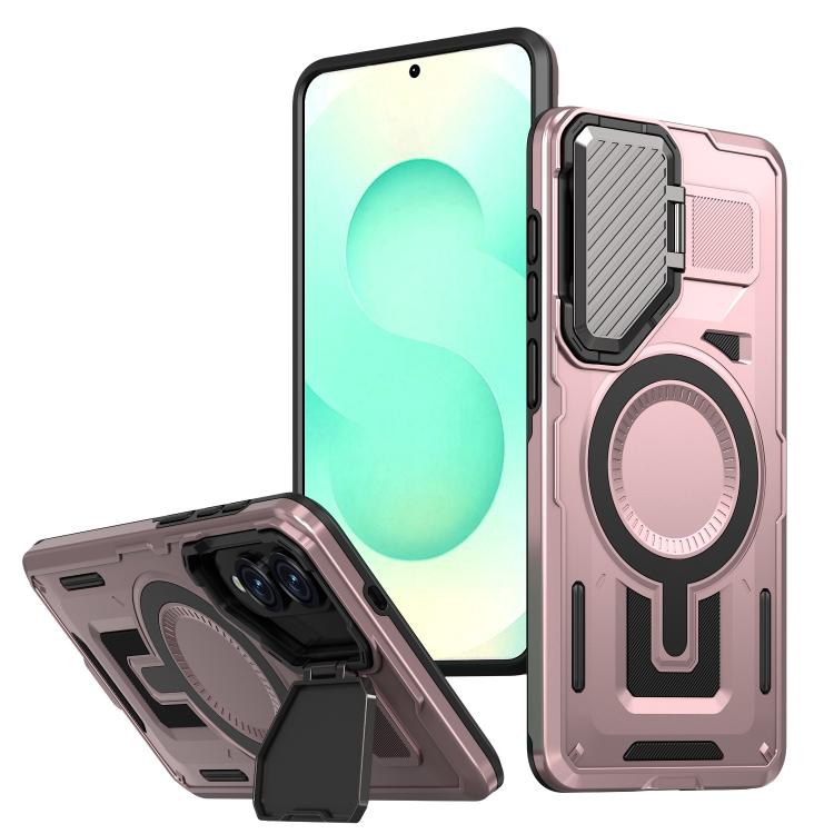 For Samsung Galaxy S25 Edge 5G Shield Frame Holder MagSafe Phone Case(Rose Gold)