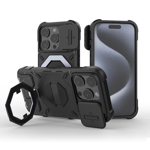 

For iPhone 15 Pro Camera Shield Armor MagSafe Holder Phone Case with Strap(Black)