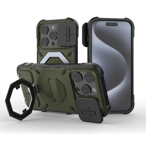 

For iPhone 15 Pro Camera Shield Armor MagSafe Holder Phone Case with Strap(Dark Green)