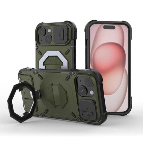 

For iPhone 15 Camera Shield Armor MagSafe Holder Phone Case with Strap(Dark Green)