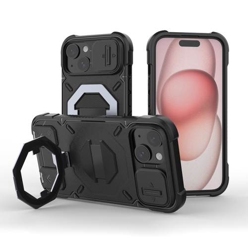 

For iPhone 14 Plus Camera Shield Armor MagSafe Holder Phone Case with Strap(Black)