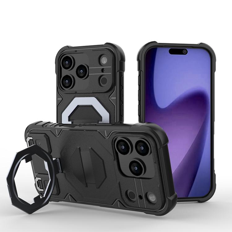 

For iPhone 17 Pro Max Camera Shield Armor MagSafe Holder Phone Case with Strap(Black)