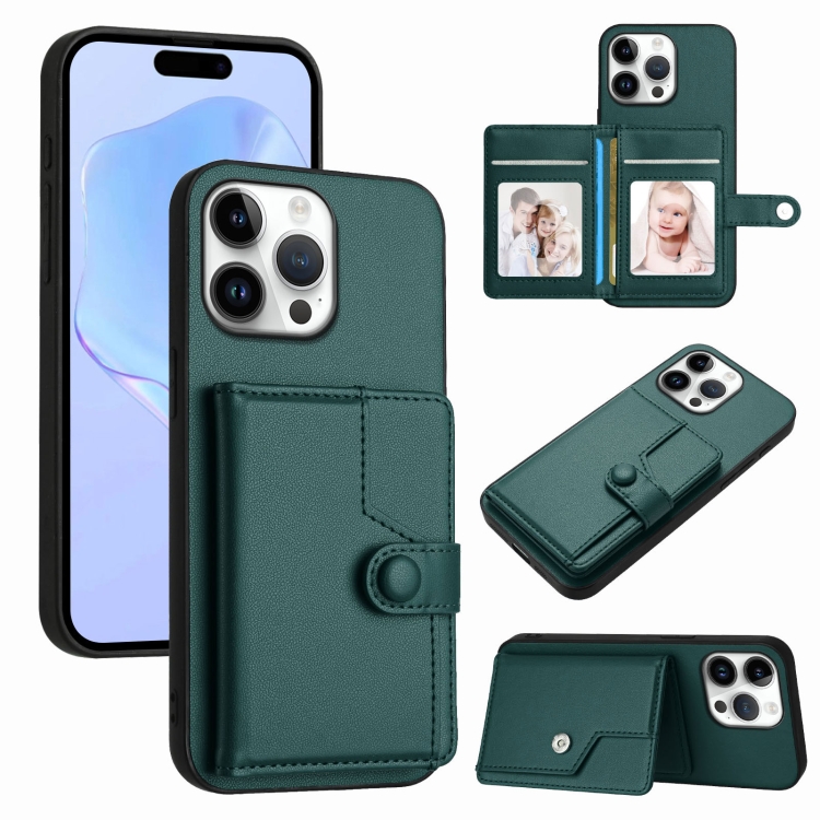 For iPhone 16 Pro Max Button Card Bag RFID Anti-theft Phone Case(Green)