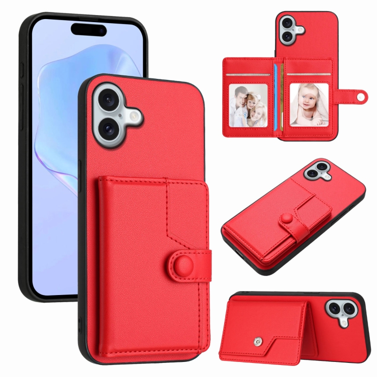 

For iPhone 16 Plus Button Card Bag RFID Anti-theft Phone Case(Red)