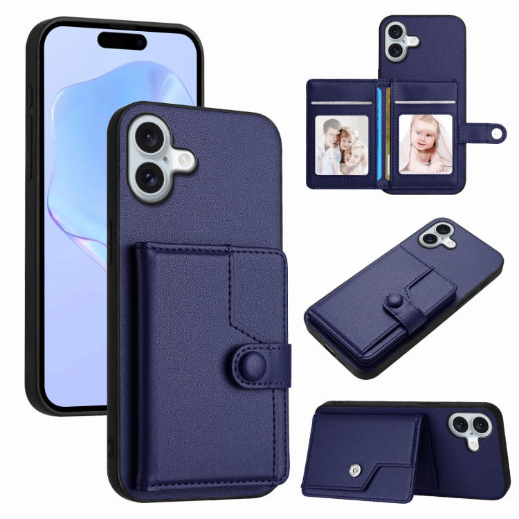 

For iPhone 16 Plus Button Card Bag RFID Anti-theft Phone Case(Blue)