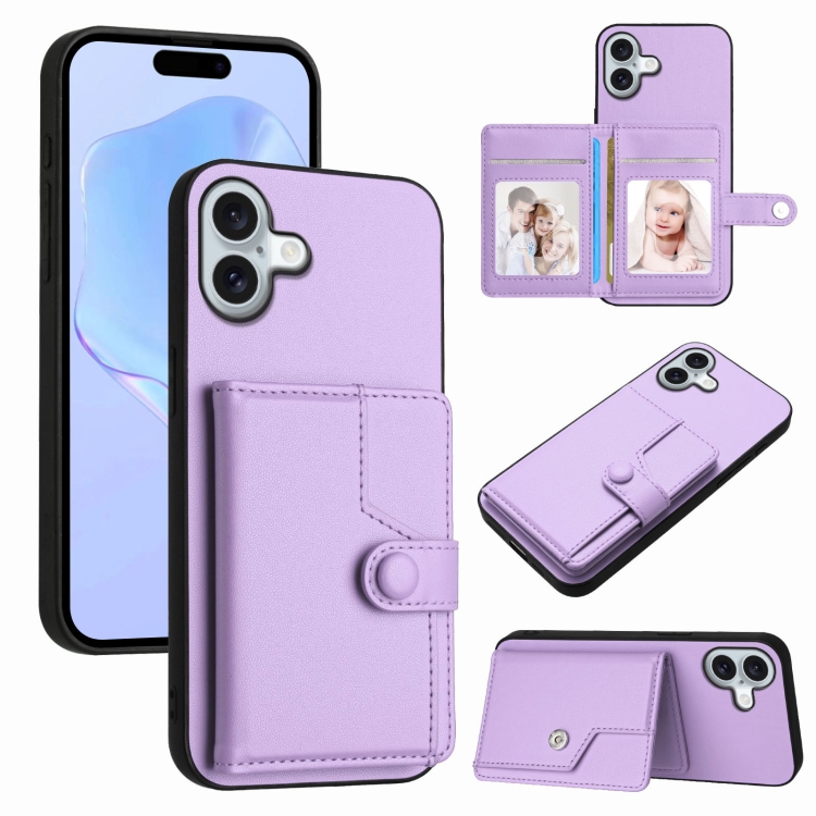 

For iPhone 16 Plus Button Card Bag RFID Anti-theft Phone Case(Purple)