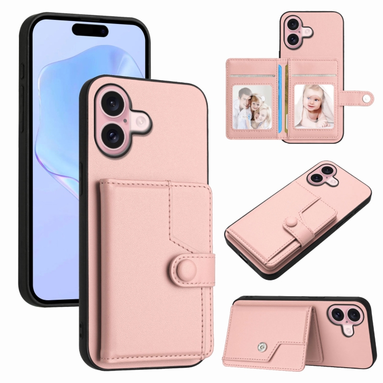 

For iPhone 16 Button Card Bag RFID Anti-theft Phone Case(Pink)