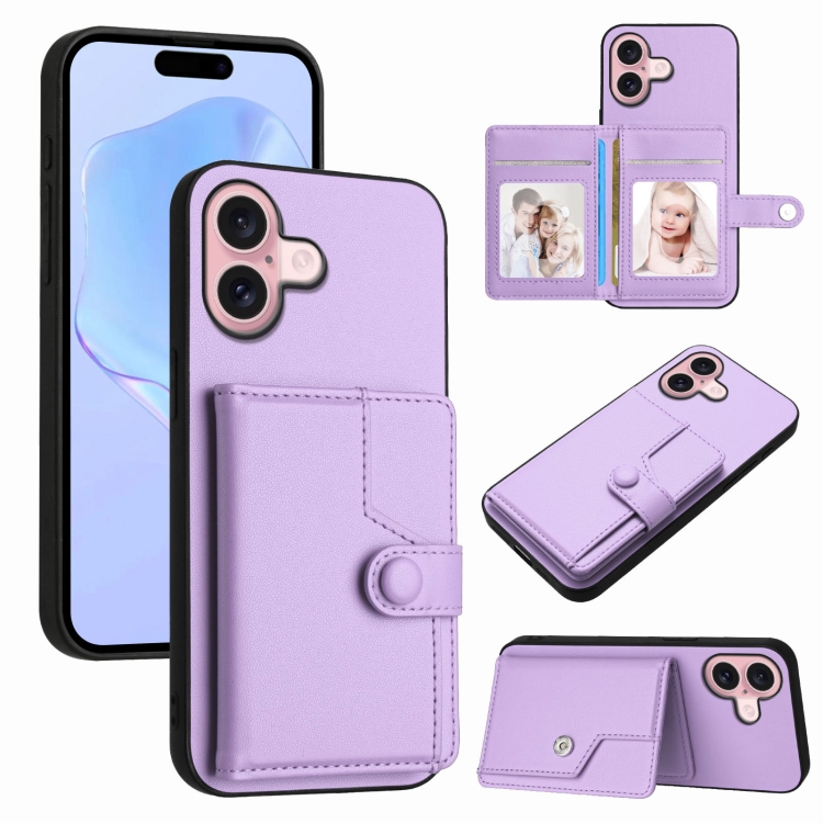 

For iPhone 16 Button Card Bag RFID Anti-theft Phone Case(Purple)