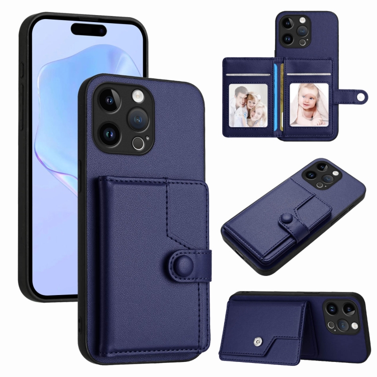 

For iPhone 15 Pro Max Button Card Bag RFID Anti-theft Phone Case(Blue)