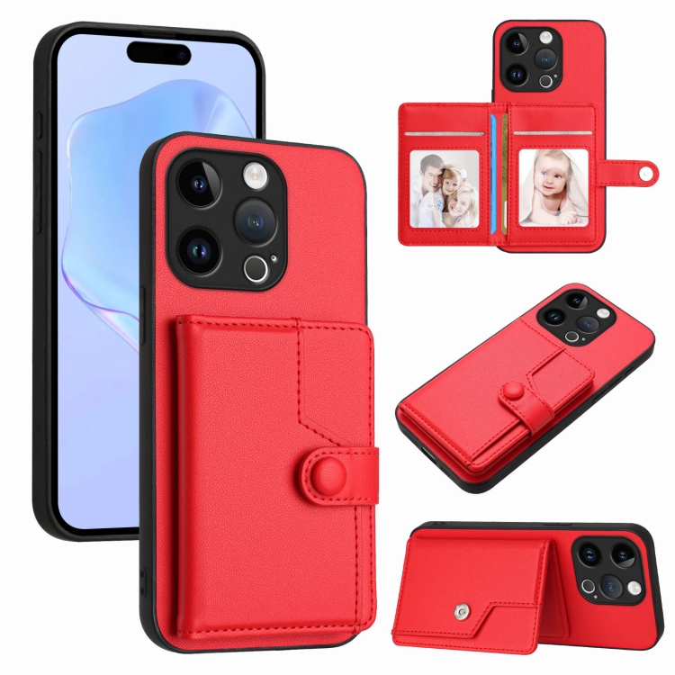 

For iPhone 15 Pro Button Card Bag RFID Anti-theft Phone Case(Red)