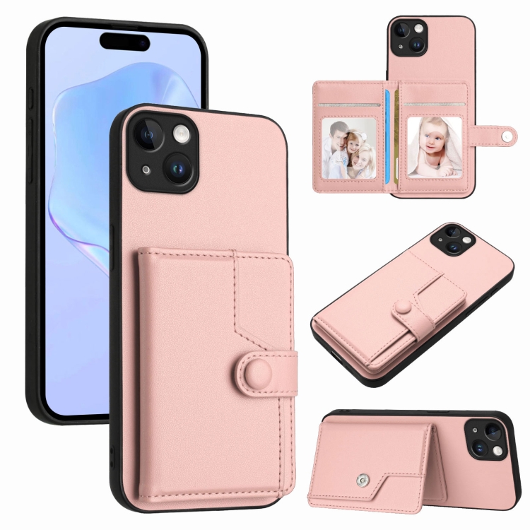 

For iPhone 15 Plus Button Card Bag RFID Anti-theft Phone Case(Pink)