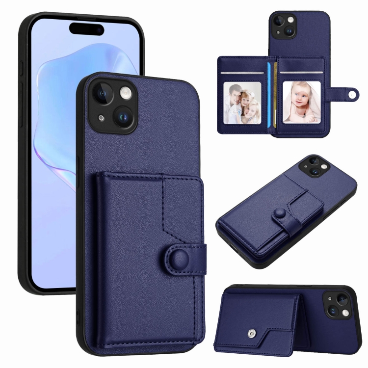 

For iPhone 14 Plus Button Card Bag RFID Anti-theft Phone Case(Blue)