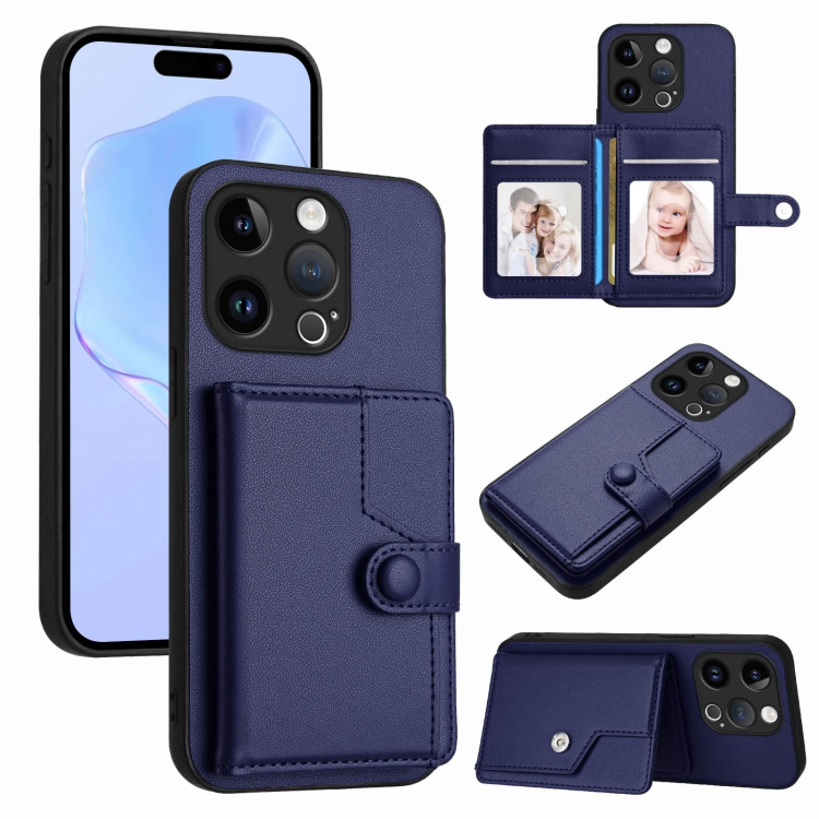

For iPhone 14 Pro Button Card Bag RFID Anti-theft Phone Case(Blue)