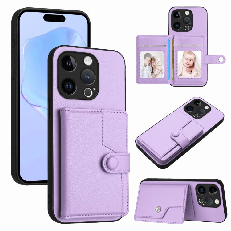 

For iPhone 14 Pro Button Card Bag RFID Anti-theft Phone Case(Purple)