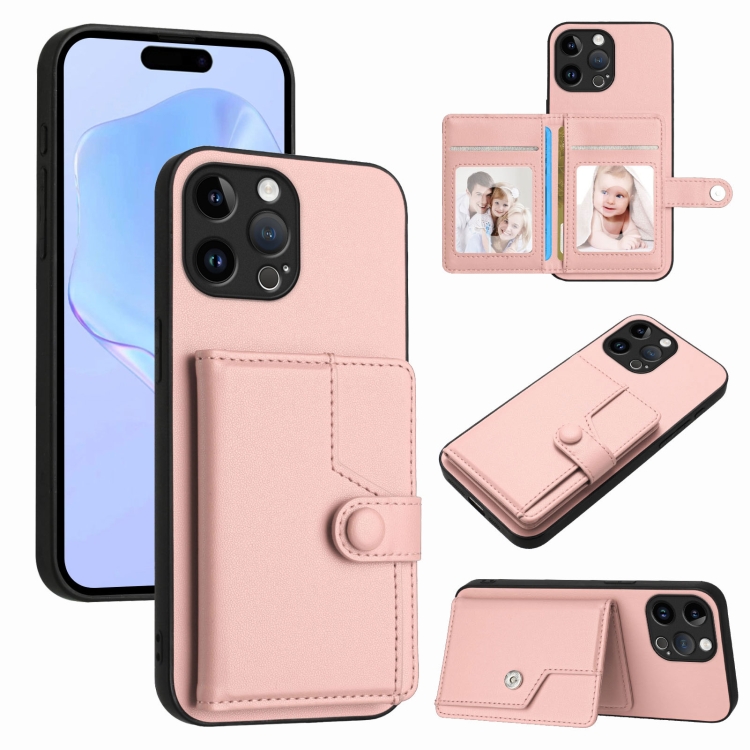 

For iPhone 13 Pro Max Button Card Bag RFID Anti-theft Phone Case(Pink)