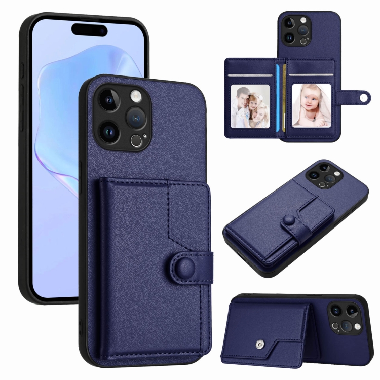 

For iPhone 13 Pro Max Button Card Bag RFID Anti-theft Phone Case(Blue)
