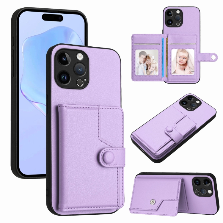 

For iPhone 13 Pro Max Button Card Bag RFID Anti-theft Phone Case(Purple)