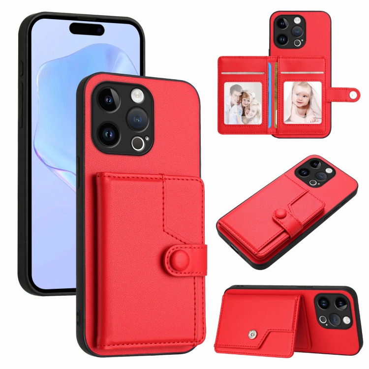 

For iPhone 13 Pro Button Card Bag RFID Anti-theft Phone Case(Red)