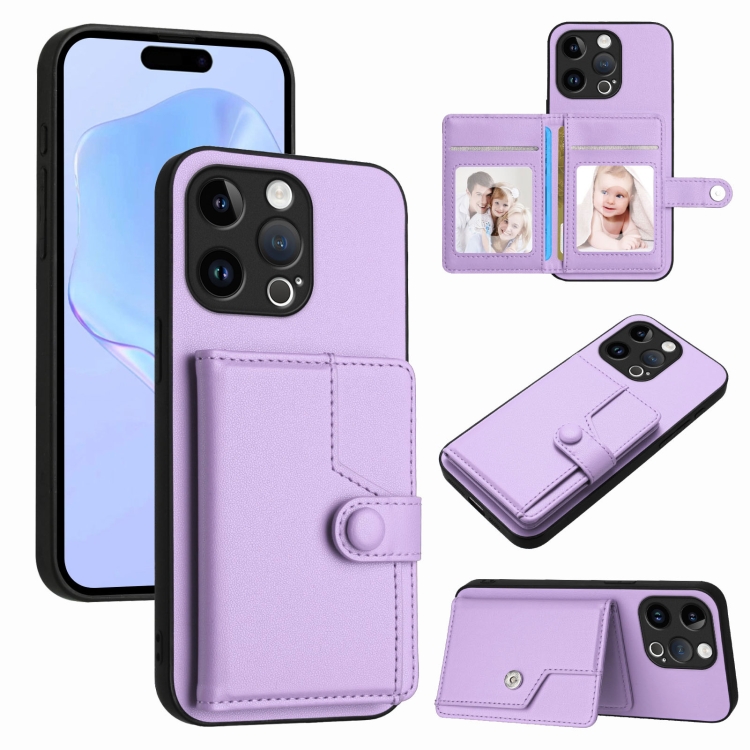 

For iPhone 13 Pro Button Card Bag RFID Anti-theft Phone Case(Purple)