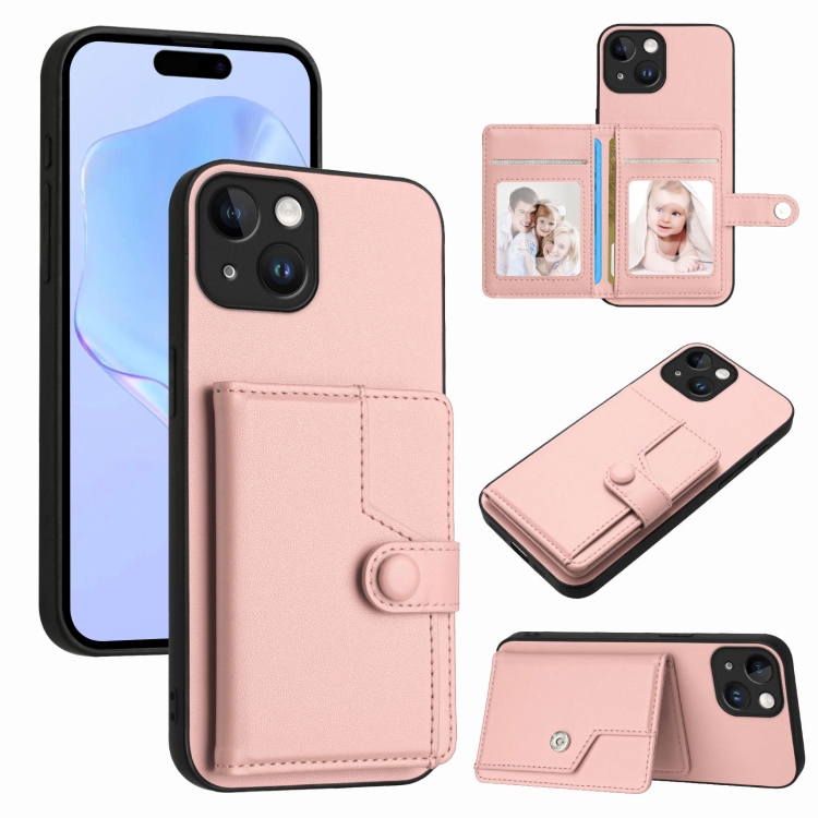 For iPhone 13 Button Card Bag RFID Anti-theft Phone Case(Pink)