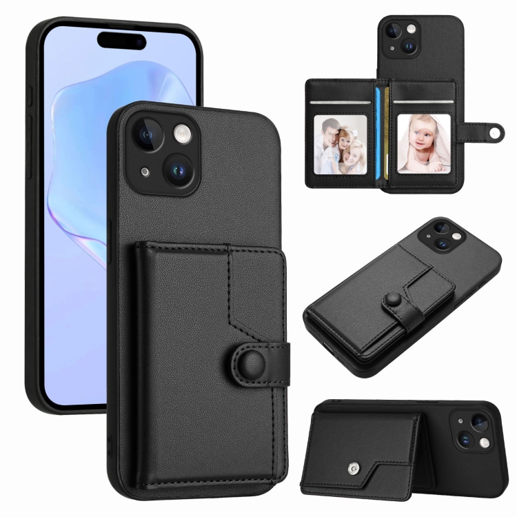 

For iPhone 13 Button Card Bag RFID Anti-theft Phone Case(Black)