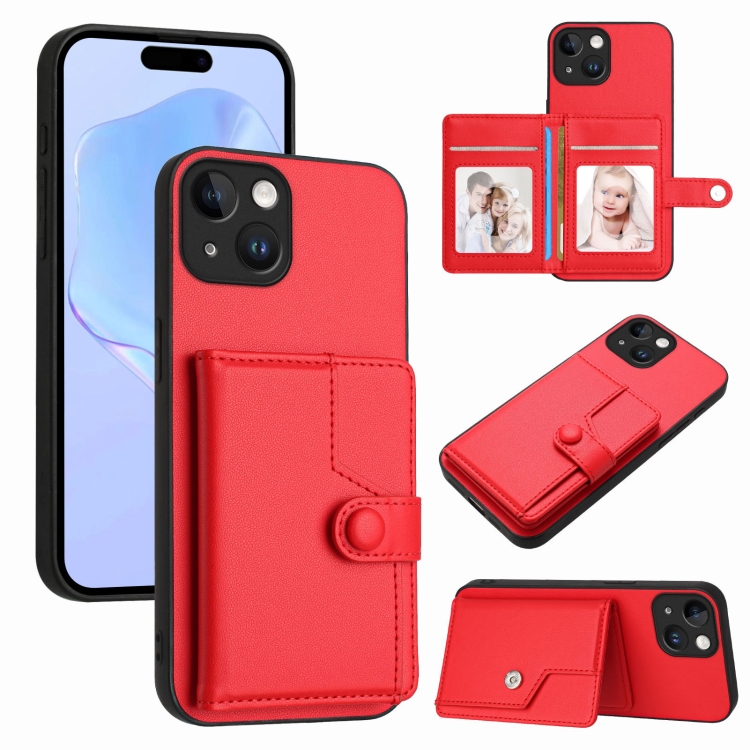 

For iPhone 13 Button Card Bag RFID Anti-theft Phone Case(Red)
