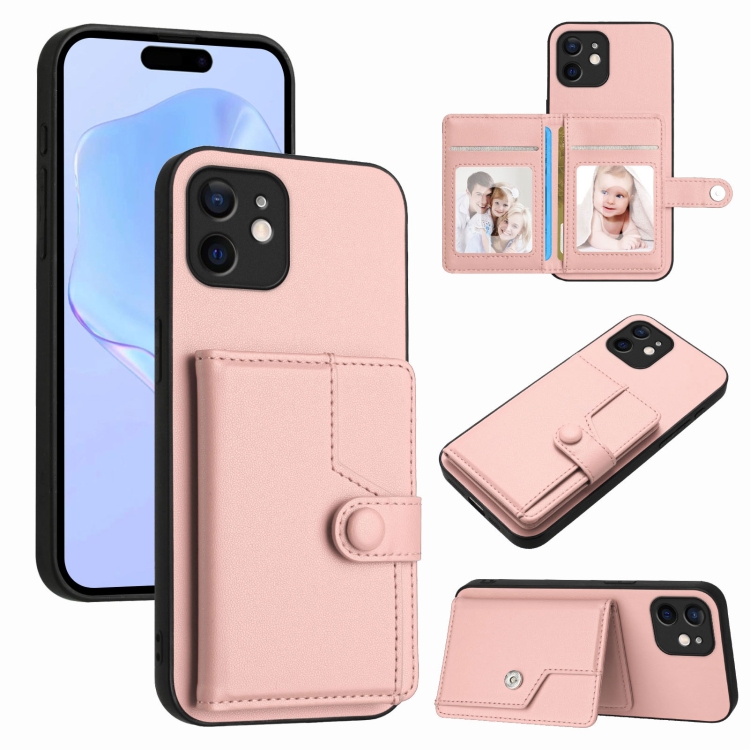 

For iPhone 11 Button Card Bag RFID Anti-theft Phone Case(Pink)