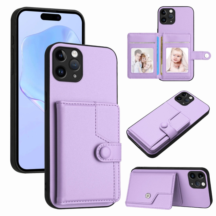 

For iPhone 11 Pro Button Card Bag RFID Anti-theft Phone Case(Purple)