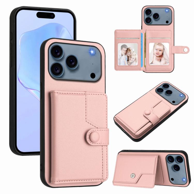 

For iPhone 17 Pro Max Button Card Bag RFID Anti-theft Phone Case(Pink)