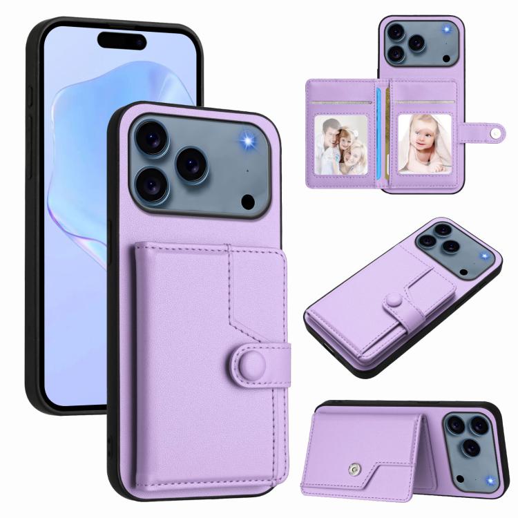 

For iPhone 17 Pro Button Card Bag RFID Anti-theft Phone Case(Purple)