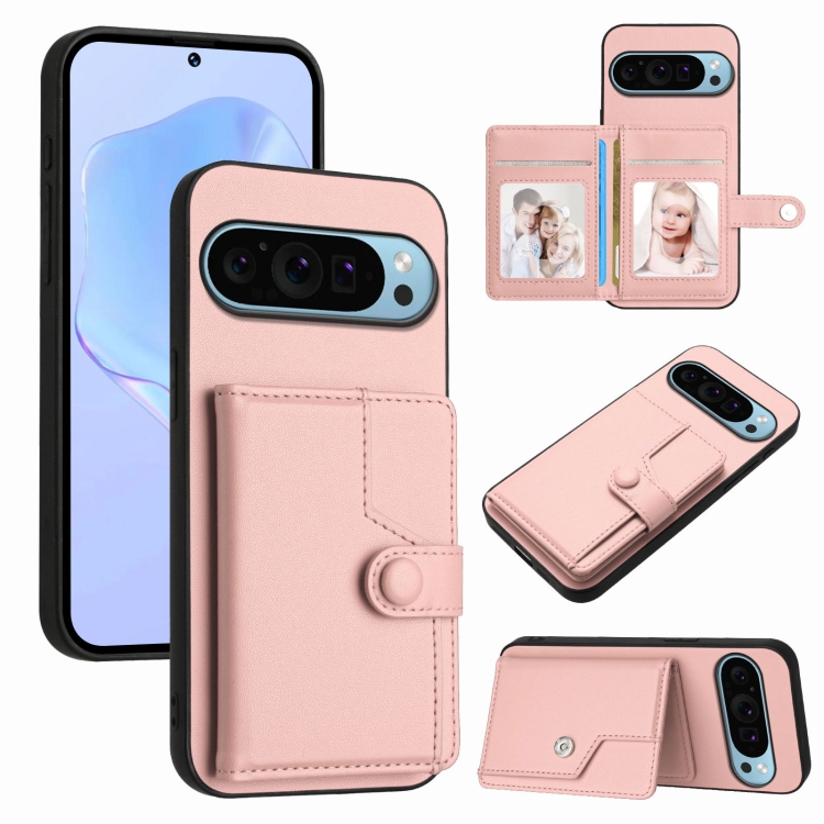 

For Google Pixel 9 Pro Button Card Bag RFID Anti-theft Phone Case(Pink)