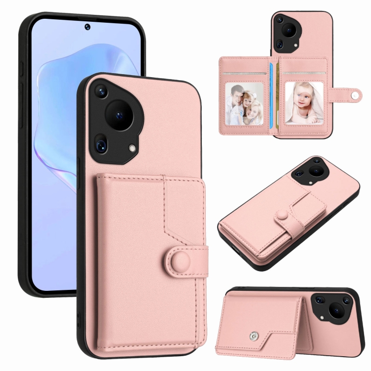 

For Huawei Pura 70 Ultra Button Card Bag RFID Anti-theft Phone Case(Pink)