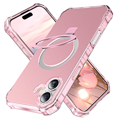 

For iPhone 16 Solid Color Wave MagSafe Holder Phone Case(Pink)