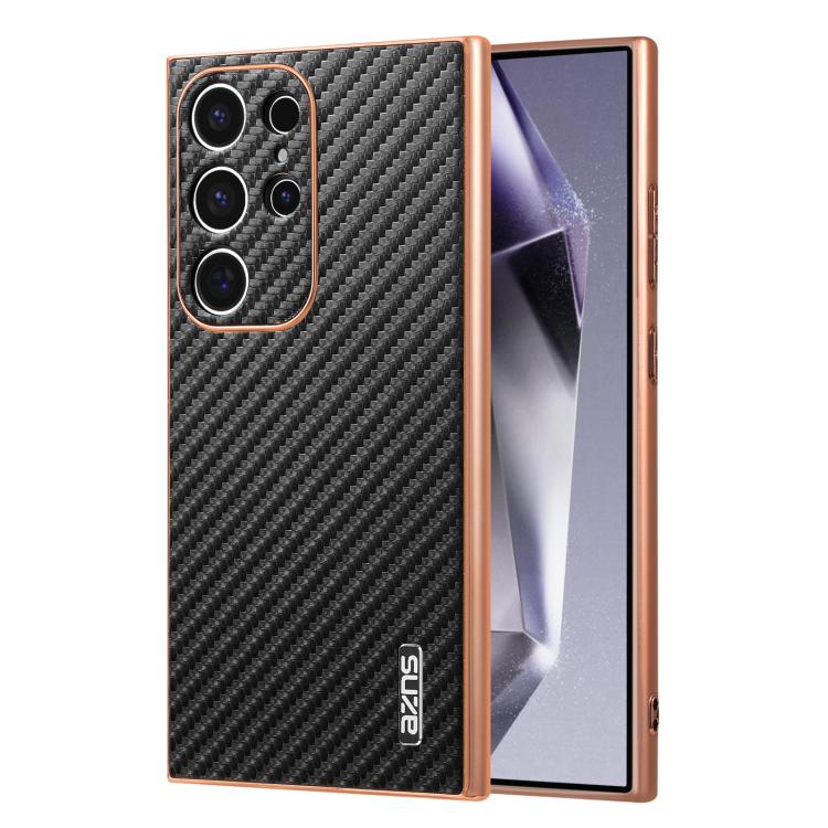 

For Samsung Galaxy S22 Ultra 5G AZNS Electroplated Edge Carbon Fiber Texture Phone Case(Black)