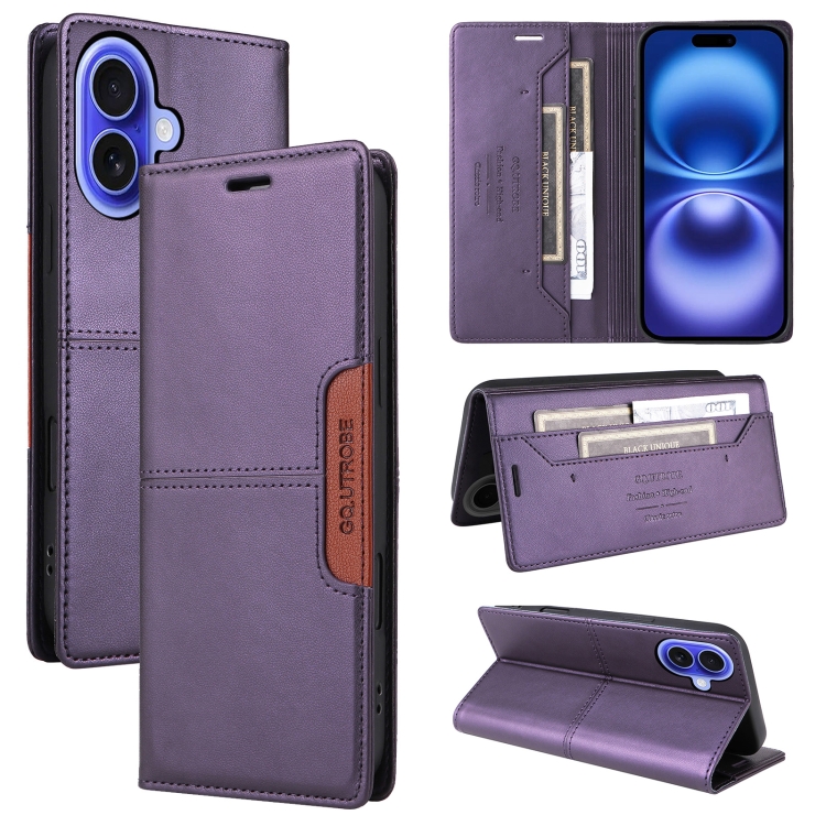 

For iPhone 16 GQUTROBE G01 RFID Anti-theft Leather Phone Case(Purple)