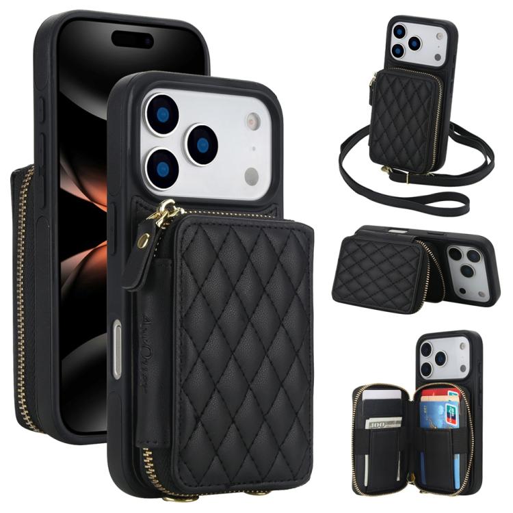 

For iPhone 17 Pro Max AwQuer Crossbody Zipper Wallet Rhombic Leather Back Phone Case(Black)