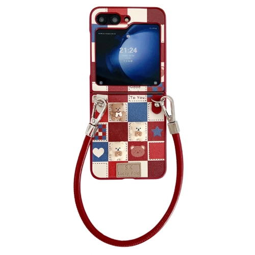 

For Samsung Galaxy Z Flip6 Lattice Little Bear Pattern Full Coverage Phone Case with Wrist Strap(Red)