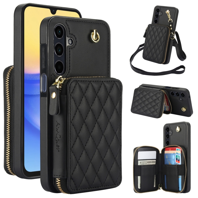 

For Samsung Galaxy A15 4G / 5G AwQuer Crossbody Zipper Wallet Rhombic Leather Back Phone Case(Black)
