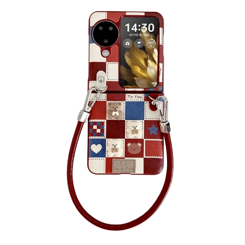 

For OPPO Find N3 Flip Lattice Little Bear Pattern Full Coverage Phone Case with Wrist Strap(Red)