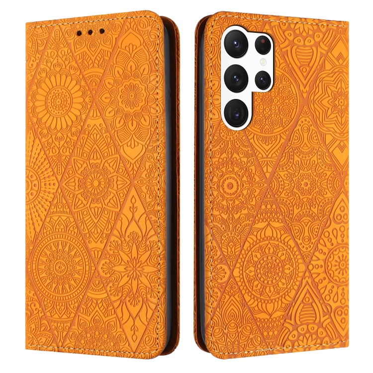 

For Samsung Galaxy S25 Ultra 5G Ethnic Embossed Adsorption Leather Phone Case(Yellow)