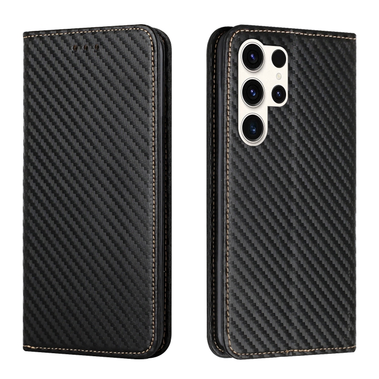 

For Samsung Galaxy S25 Ultra 5G Carbon Fiber Texture Magnetic Flip Leather Phone Case(Black)