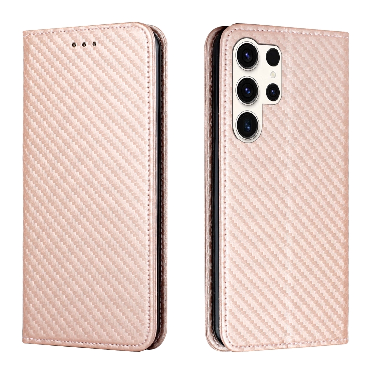 

For Samsung Galaxy S25 Ultra 5G Carbon Fiber Texture Magnetic Flip Leather Phone Case(Rose Gold)