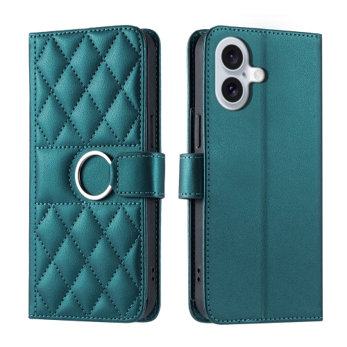 

For iPhone 16 Plus Ring Buckle Rhombic Leather Phone Case(Green)