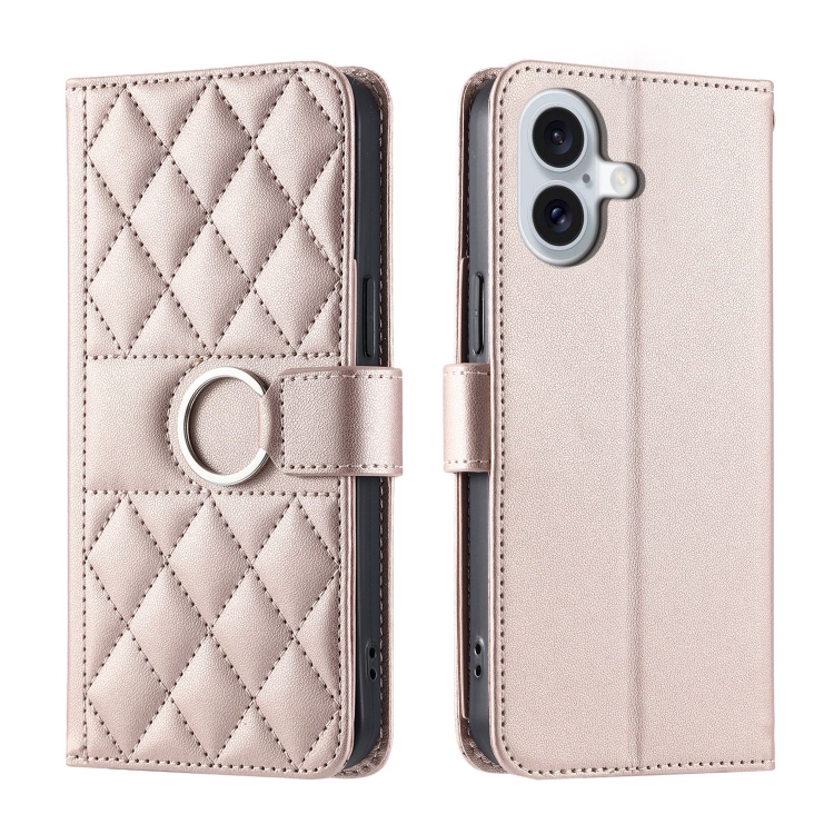 

For iPhone 16 Plus Ring Buckle Rhombic Leather Phone Case(Rose Gold)