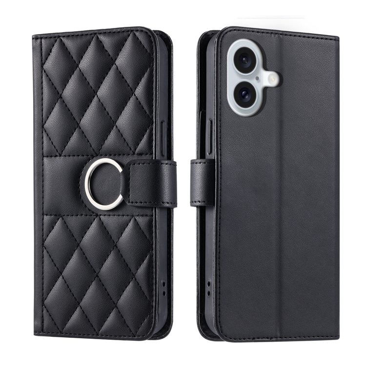 

For iPhone 16 Ring Buckle Rhombic Leather Phone Case(Black)