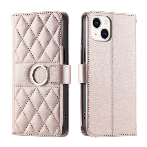 

For iPhone 15 Plus Ring Buckle Rhombic Leather Phone Case(Rose Gold)