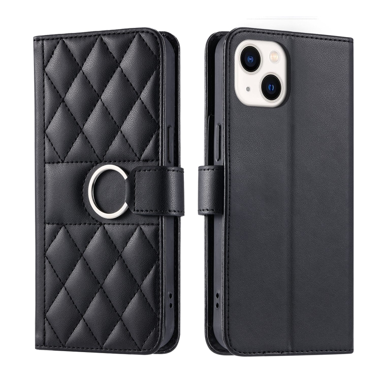 

For iPhone 15 Ring Buckle Rhombic Leather Phone Case(Black)
