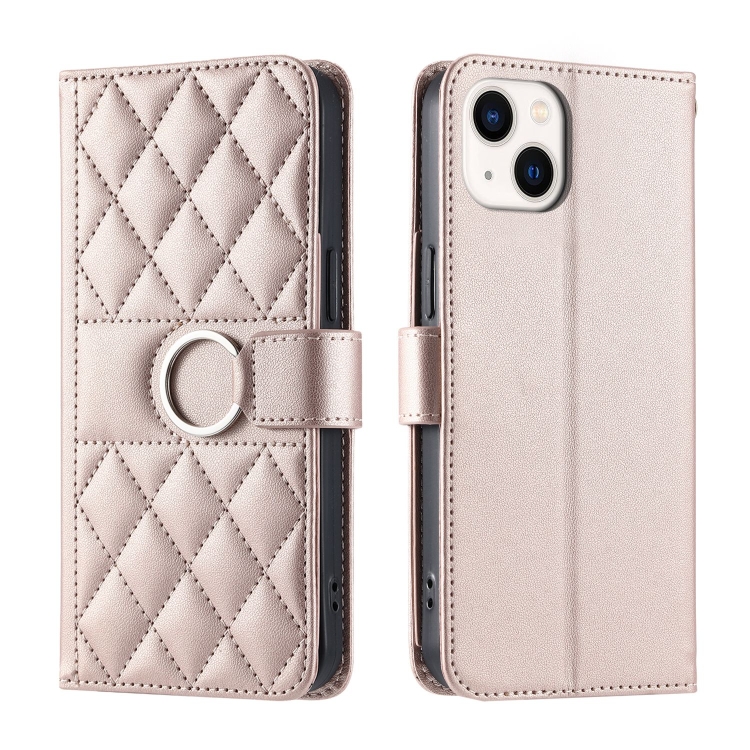 

For iPhone 14 / 13 Ring Buckle Rhombic Leather Phone Case(Rose Gold)