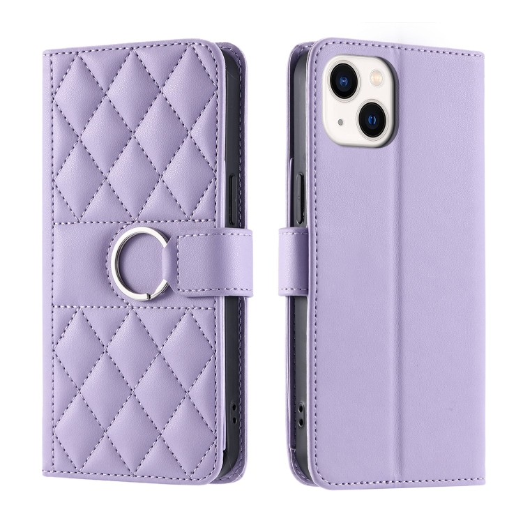 

For iPhone 14 / 13 Ring Buckle Rhombic Leather Phone Case(Purple)
